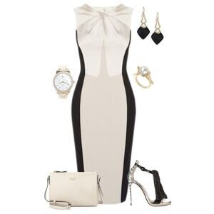 Karen Millen Knot Neckline Pencil Dress - Black, White, and Tan/Champagne 6